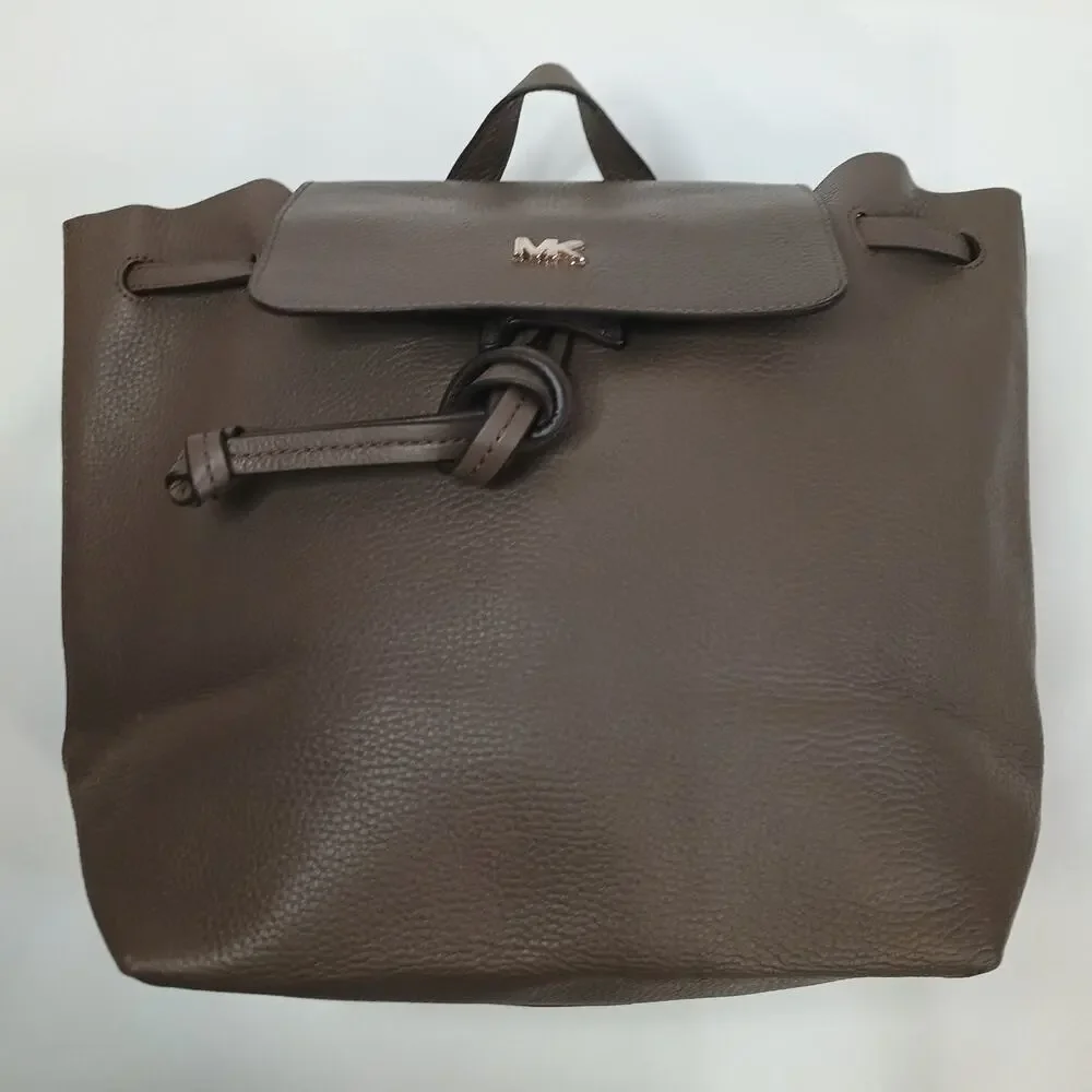 Michael Kors Junie Medium Flap Backpack Pebbled Leather Gold Hardware Taupe Bag